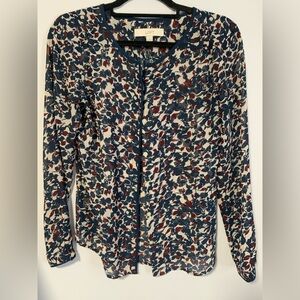 LOFT Floral Print Blouse Navy Burgundy Button Front Top XS